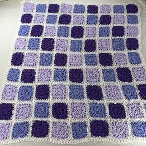 Hand knitted Granny Square Purple and Lavender Crochet Blanket Size 35”x32.5”
